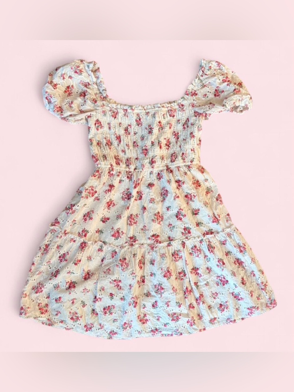 Altar’s State Tiered Floral Puff Sleeve Mini Dress w Eyelet Details — Size Small